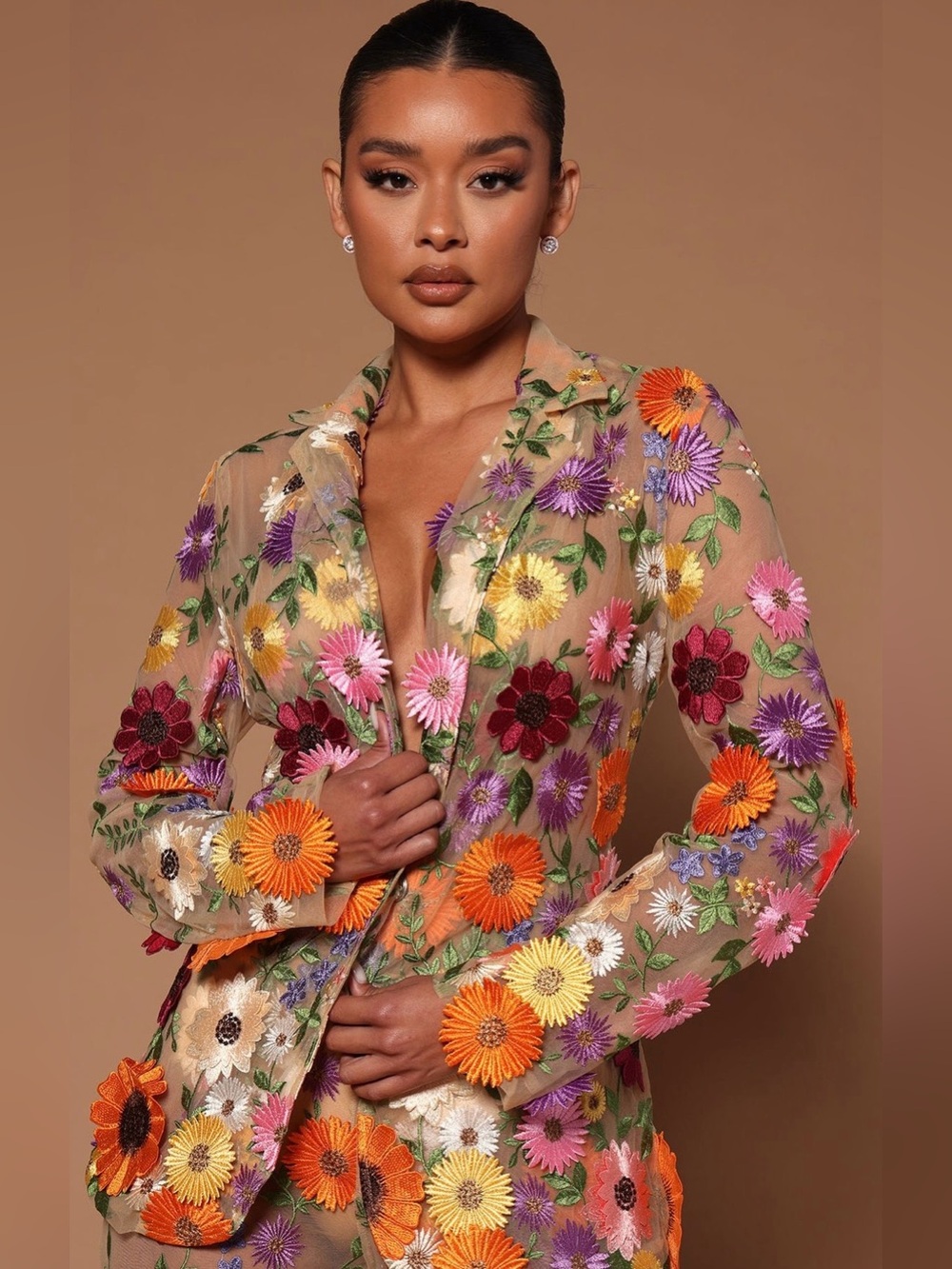 Fashion Nova Nude Sheer Blazer with Multicolor Floral Embroidery